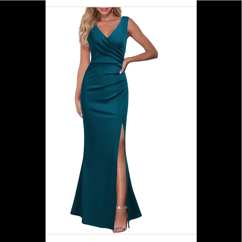 WOOSEA Sleeveless V Neck Split Evening Cocktail Long Dress - Teal